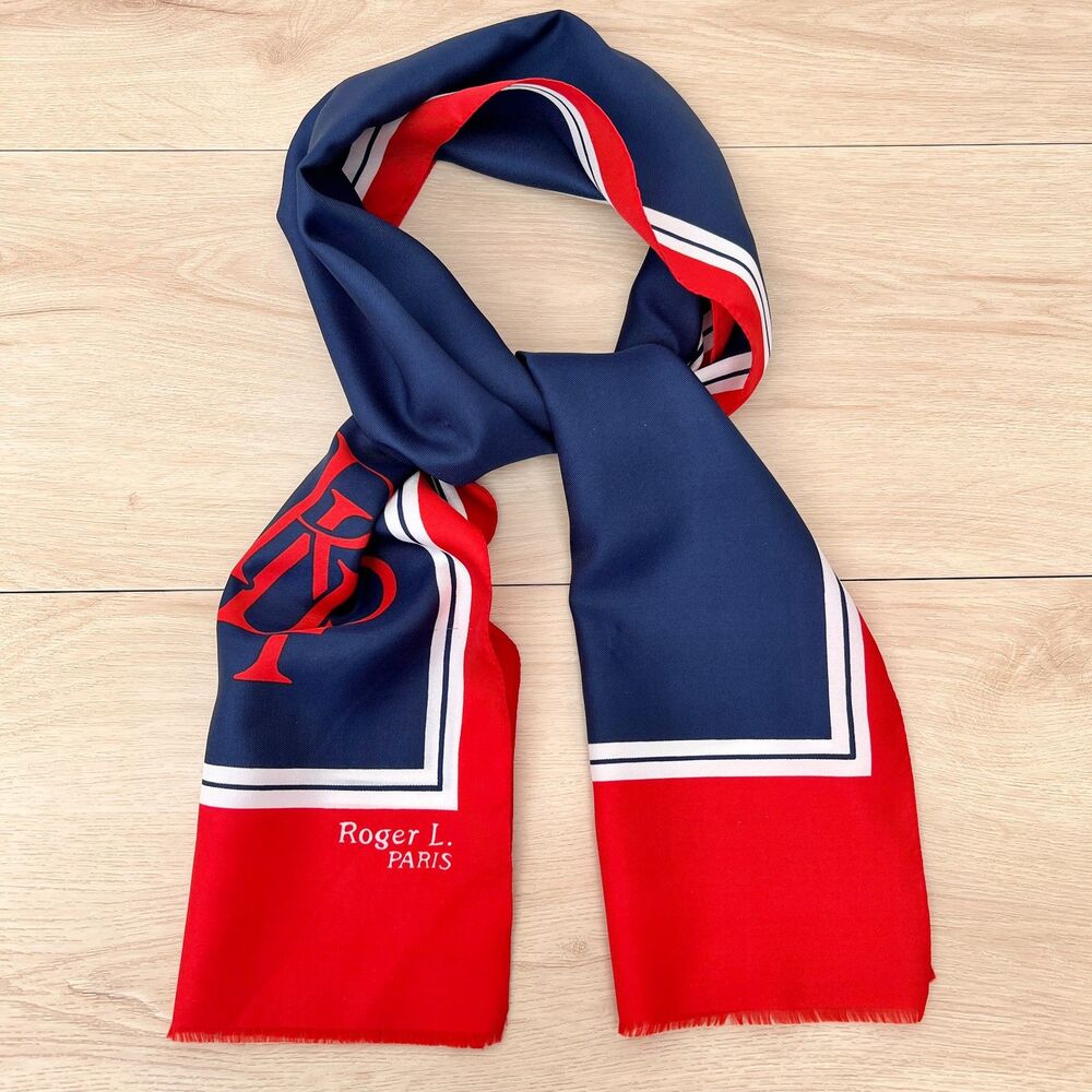 Vintage 60s Roger L Paris Monogram Long 54" Preppy Neck Scarf Red Navy White